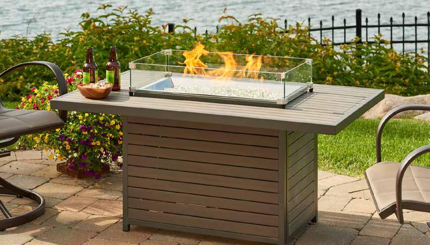 brooks Fire Pit Tables Fire pit features easy to maintain Taupe Composite Decking Top and Base, Grey Graphite Powder Coated Aluminum Framing, and CF-1224 Stainless Steel Burner with Diamond