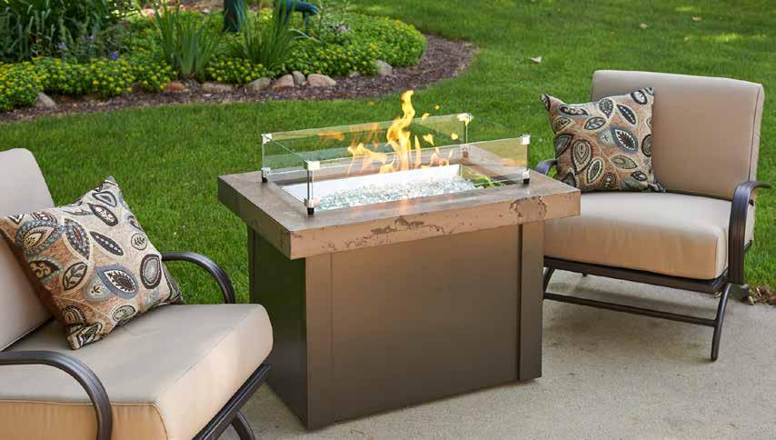 Providence Marbleized Noche Top w/ Brown Base & Glass Guard Fire Pit Tables Fire Pit comes with 12 x 24 Rectangular Crystal Fire Stainless Steel Burner with Diamond Crystal Fire Gems.