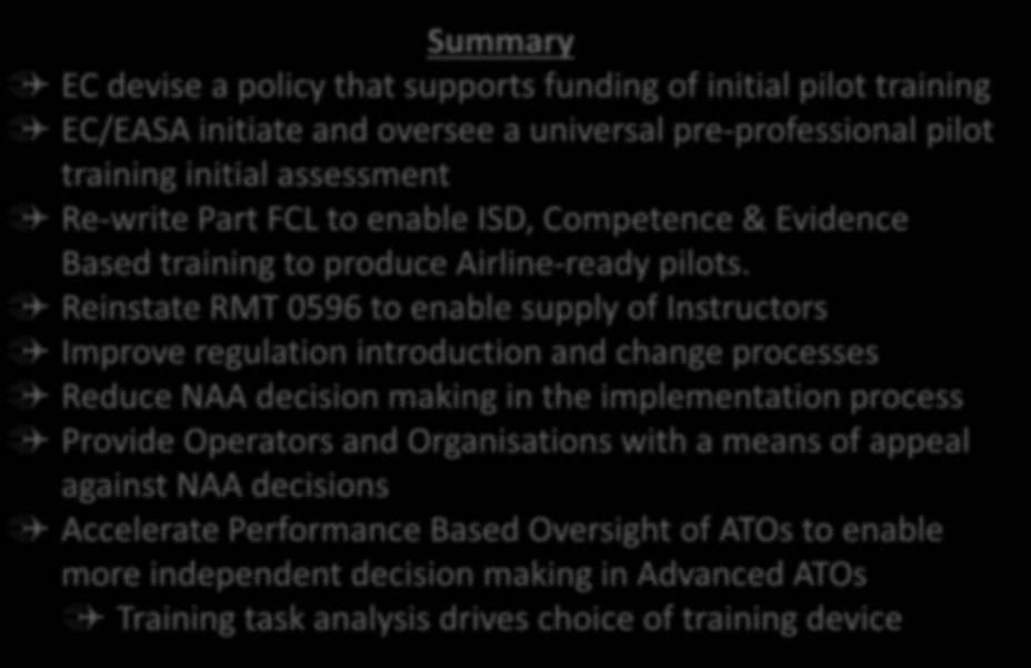 NEXT STEPS Summary EC devise a policy that supports funding of initial pilot training EC/EASA initiate and oversee a universal pre-professional pilot training initial assessment Re-write Part FCL to