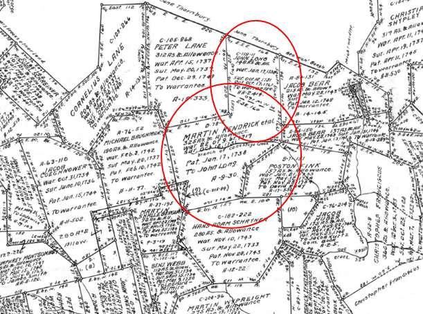Manheim Township Warrant Map showing the Long Family land 1 Wilhelm Gebel's neighbor Benjamin Long lived in the northern section along the border of Warwick township.