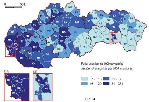 Tab 13: Regional proportion in foreign direct investments, in % of the SR Region 1997 2011 Bratislava 66,8 67,6 Trnava 5,4 7,0 Trenčín 4,1 4,7 Nitra 3,1 4,0 Žilina 4,7 6,6 Banská Bystrica 2,9 2,5