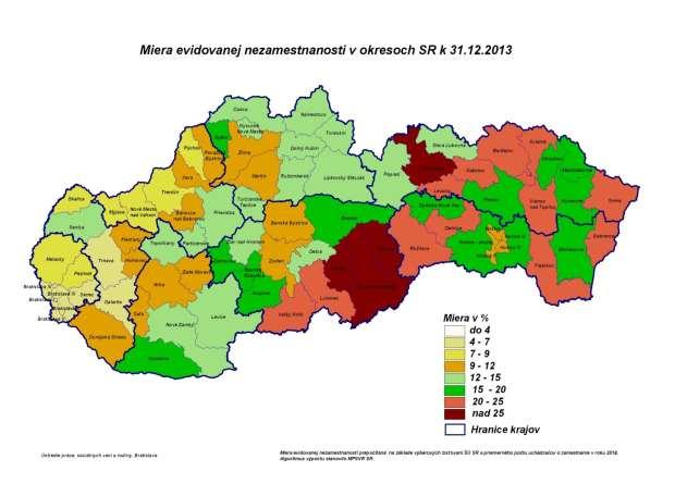 Map 4: Rate of registered unemployment in Slovak districts by the end of 2013 Source: Office of Labour, Family and Social Affairs (2014).