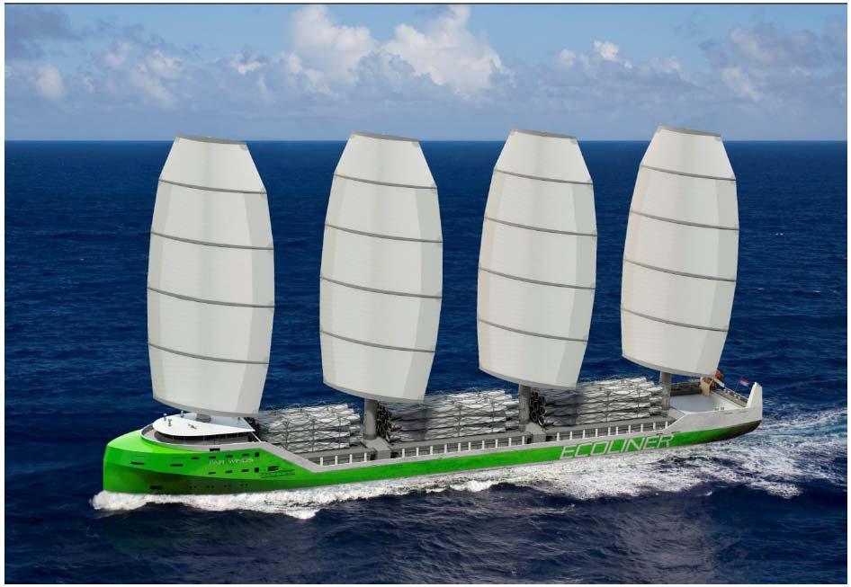 The Ecoliner Dykstra Naval Architects will deliver the Ecoliner in 2014, a containership with four sails (loa 138 mts, beam 18 mts,