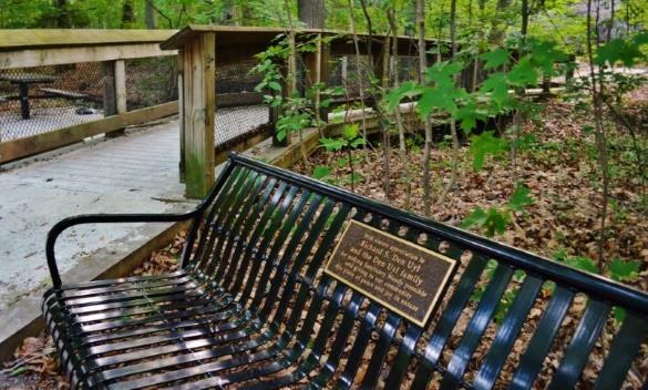 The bridge in the park is made with wood decking and has a gentle pitch. There is a large stairway in the park that is not barrier free which leads to a hill top trail system.