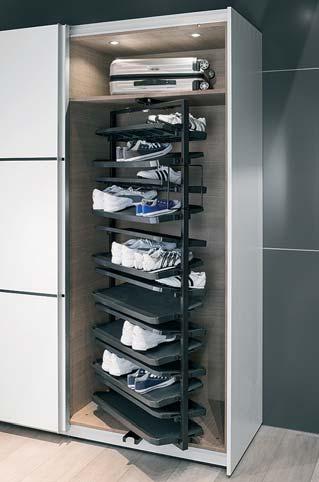 Shoe rack pull-out Version: Shoe rack pull-out rotates through 180 Material: Steel hanging frame, plastic shelves Finish: Hanging frame black, shelves dark grey Installation: For screw