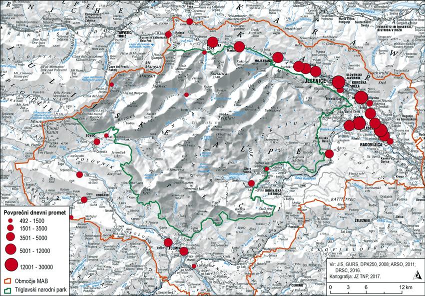 15 Slika 6: Povprečni letni dnevni promet na biosfernem območju Julijske Alpe v letu 2016. Figure 6: Average annual daily traffic in the mab Julian Alps in 2016.