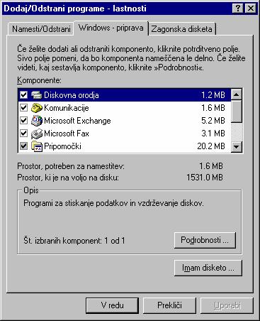 V kolikor je program napisan za operacijski sistem Windows 98 omogoa tudi deinstalacijo programa. Pogovorno okno ima tri kartice.