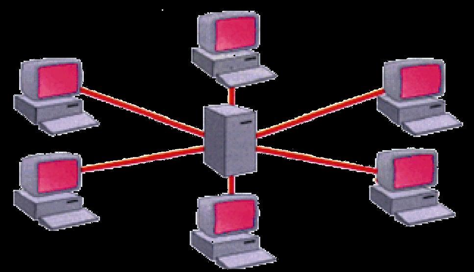 .3 الشبكة النجميه Star Network هو أبسط أنواع التوص ل و تم توص ل الحاسب الرئ س Server بالحاسبببات الطرف ببة اتصبباال