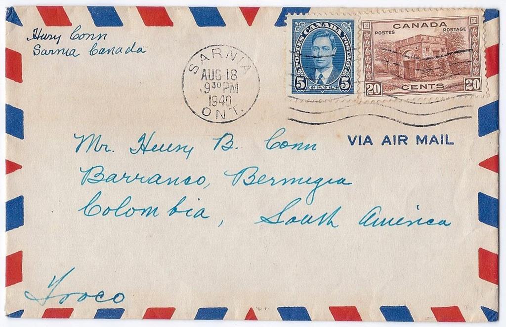 Page 11 / 16 Item 222-17 25c airmail to Colombia 1940, 5c Mufti, 20c Fort Garry tied by Sarnia Ont