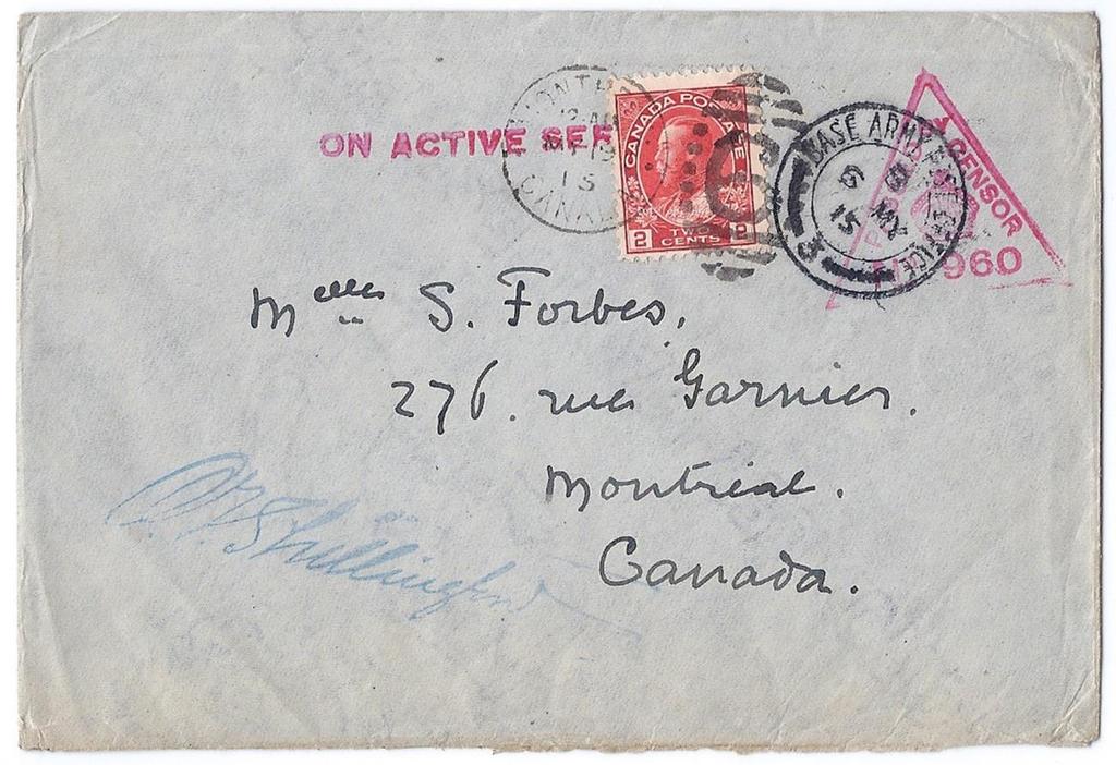 00 Item 222-22 Montreal duplex 6 1915, Base APO 3 censored cover entered in