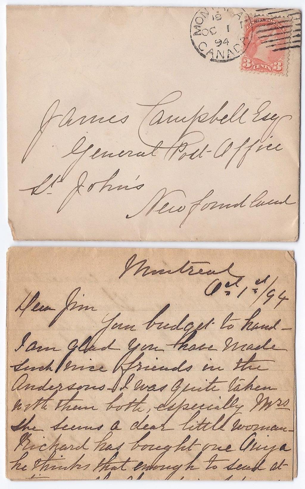 Page 3 / 16 Item 222-04 3c preferred rate to NFLD 1894, 3c SQ tied by Montreal duplex cancel on cover paying 3 cents per oz preferred letter rate to Newfoundland.