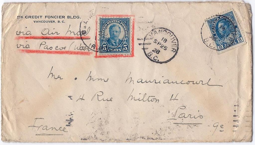 Page 6 / 16 Item 222-08 Airmail from Pasco Washington 1928, 8c Admiral tied by Vancouver cds on cover paying 8c UPU letter rate (surface) to France with US 5 cents