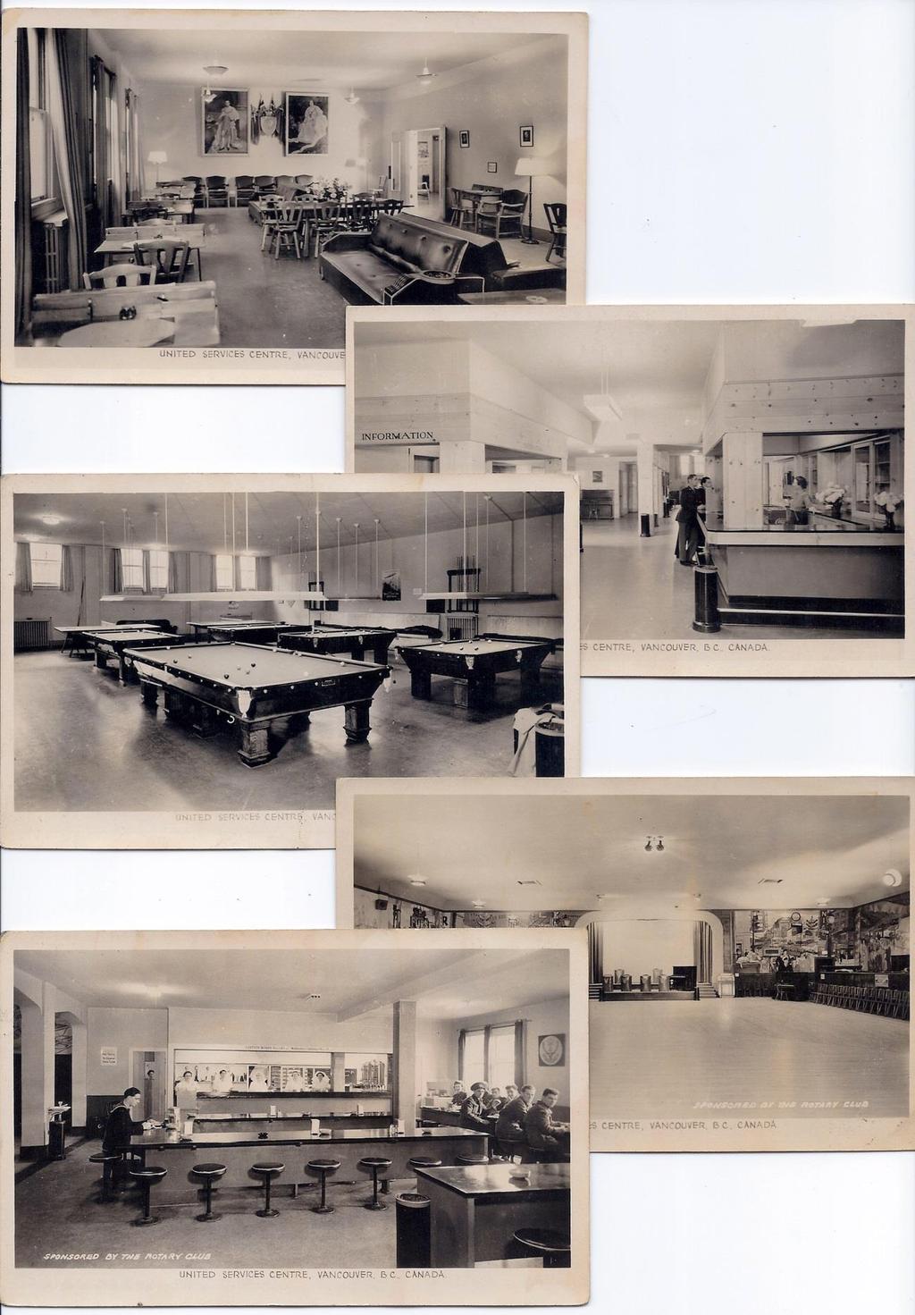 Page 8 / 16 Item 222-12 Vancouver BC USC c1943, 5 postcards sponsored by the Rotary Club showing the United Services Centre of Vancouver with Ping Pong tables, snack bar with service men and women