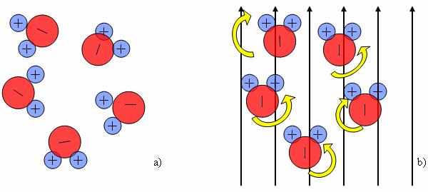 Slika 11: a) Naključno orientirane molekule in b) molekule v električnem polju Pri vrtenju molekule vode, na molekulo delujejo sosednji deli tekočine s silo, znano kot notranje trenje.