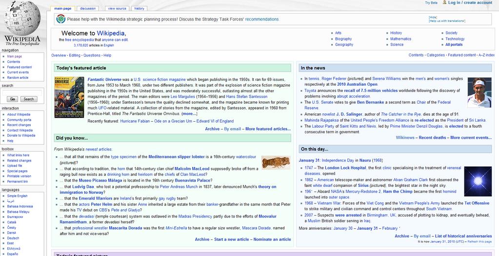 vremenu, a u današnje vrijeme je zastarjela. Naravno, na naslovnoj stranici ĉlanka u wiki sustavu će biti najaktualnija verzija. Slika 3 - Naslovnica Wikipedia.