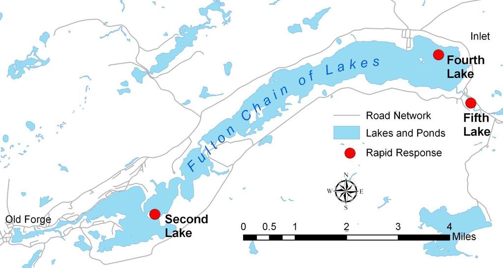 Rapid Response Team The RR team worked in the Fulton Chain of Lakes in 2011 and 2012 performing EWM eradication in Second, Fourth, and Fifth Lakes (Figure 3).