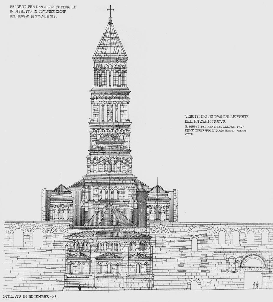 3. Projekt arh. Schlaufa za produženje katedrale u Splitu, pogled s pazara prema zapadu.