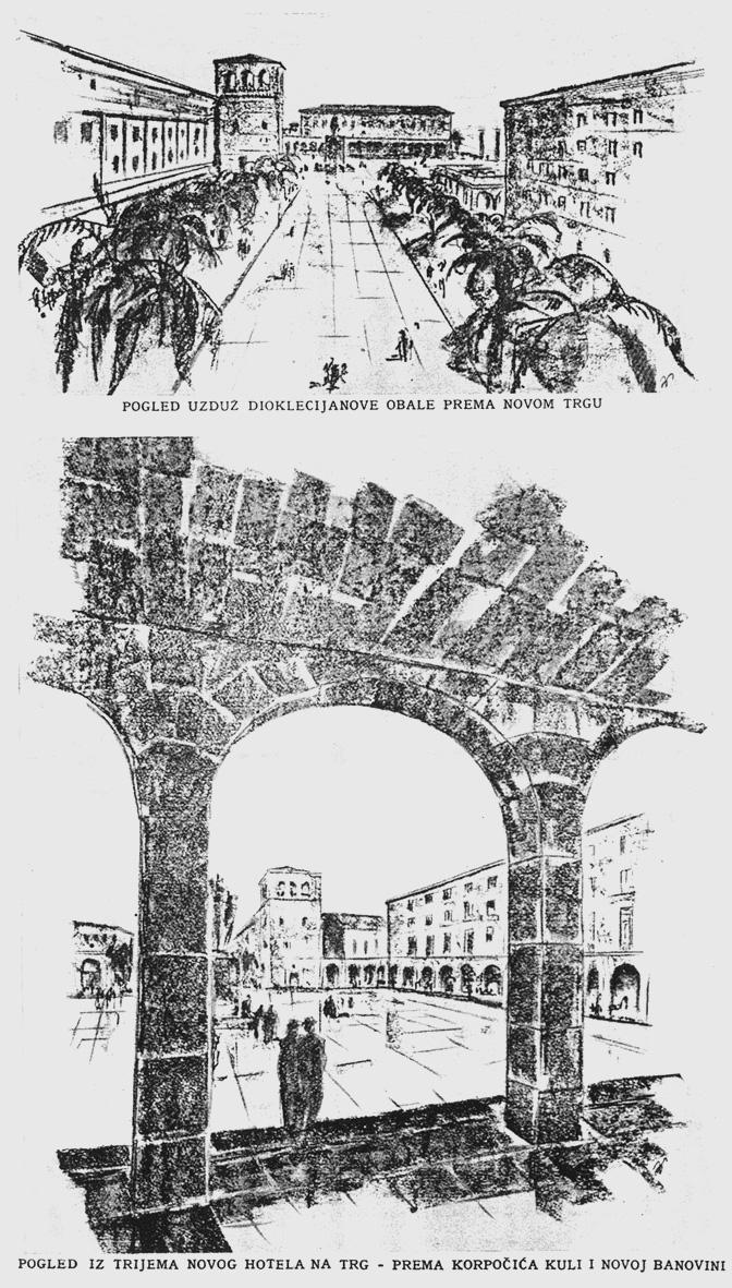 13. Perspektivni crteži preuređenja pazara koje je napravio arhitekt Pičman. Na gornjem je prikazan pogled sa zapada prema novome trgu.