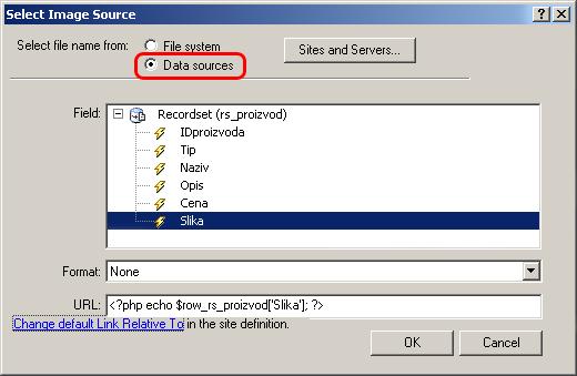 Na meniju Insert izaberite Image, i u sekciji Select file name from: izaberite Data sources, umesto File System koji je označen po defaultu. U Recordsetu izaberite Sliku i kliknite na OK.