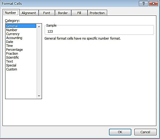 Excel omogućava da uspostavite strogu i detaljnu kontrolu nad formatima brojeva preko Dijalog Box Launcher-a koji otvara dijalog Format Cell u kome postoji šest kartica.