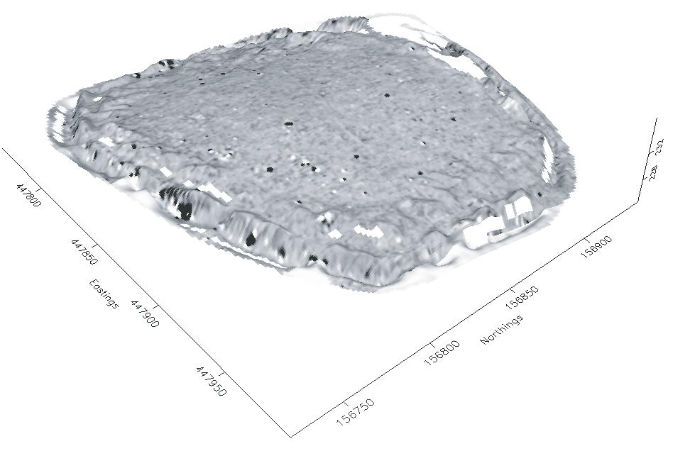 THE MONUMENTS AND THEIR SETTING Fig 2.22 Digital terrain model of Ladle Hill (including the unfinished defences) with draped-on image of the magnetometer survey.