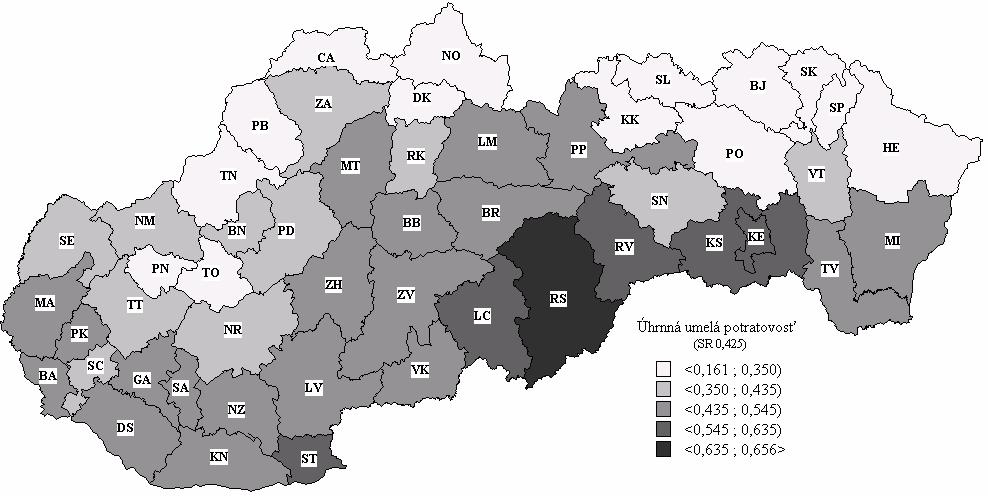 32 Demografická charakteristika obvodov Slovenskej republiky 1996-2003 umelej potratovosti. Napriek tomuto nárastu si tento obvod udržiava najnižšiu úroveň umelej potratovosti v SR.