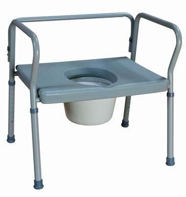 COMMODES BARIATRIC COMMODE Anodized aluminum frame tubing with wide base for stability. Extra strong watertight vinyl padding on seat and back.