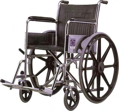Features include fixed padded armrests, detachable footrests and fold down backrest.