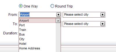 d. The drop-down list in the first From field includes the following values: 1. Airport 2. Port 3. Train 4. Bus 5. City 6. Hotel 7. Home Address e.