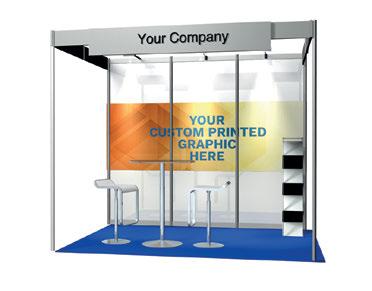 Basic Stand A 1900* Octanorm stand (3 2 m) including: 1 glas table, 2 bar chairs (white), 1 brochure holder, 3 m² graphic print,