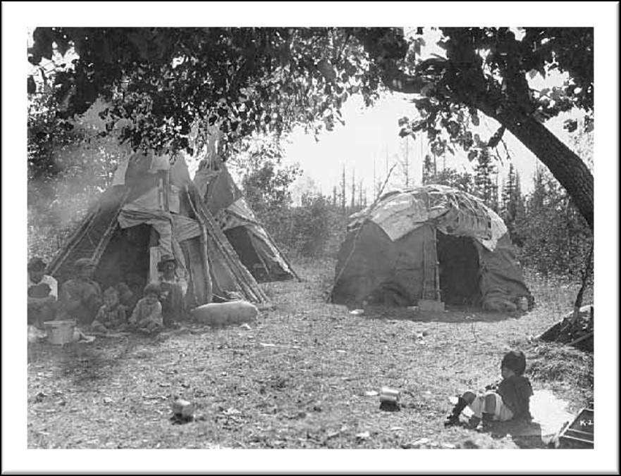 P A G E 8 Ojibwe Life: Past and Present Homes Ojibwe wiigiwaam and Dakota-style tipis, White Earth, 1928.