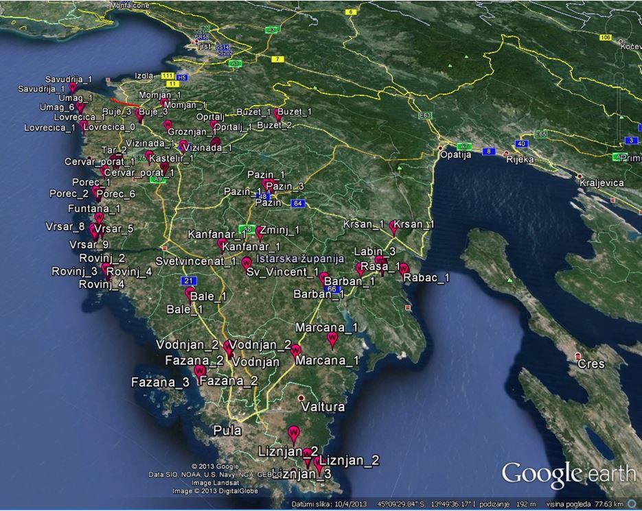 Slika 14 nam vizualno može dočarati okvirni broj i lokacije postavljenih besplatnih HotSpot točaka na lokaciji Istre. Treba uzeti u obzir da je izvor slike odrađen sa godinom 2013.