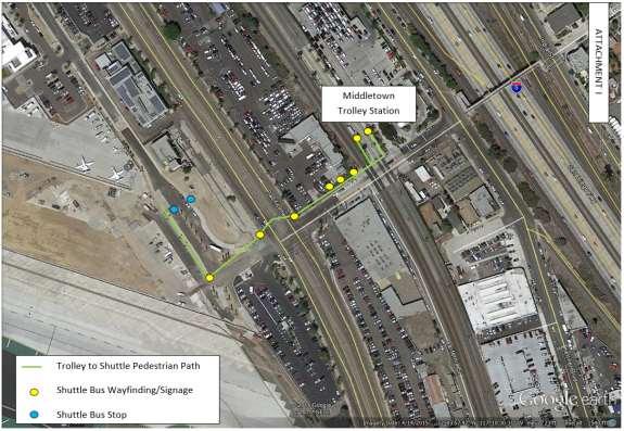 Figure 26 Path from Middletown Trolley Station to Trolley to Terminal Shuttle Stop Off-Airport Improvements SANDAG s improvement plans include a number of important elements: (1) a widened sidewalk