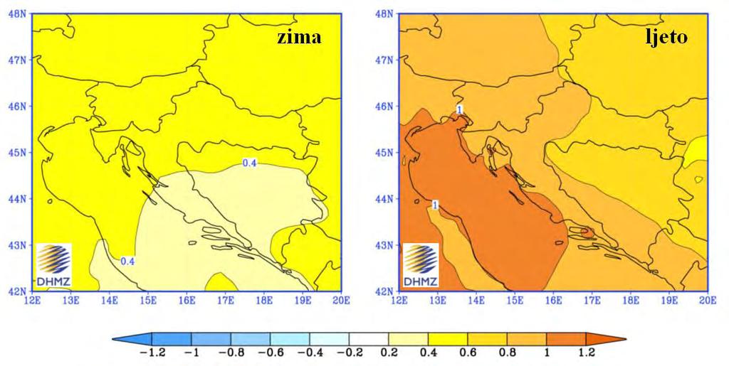 Slika 5.4.3.1. Promjena prizemne temperature zraka (u C) u Hrvatskoj u razdoblju 2011.-2040. u odnosu na razdoblje 1961.-1990.
