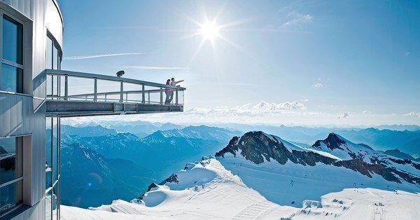 In summer the mountain is still covered in snow because of the glacier and it is a very popular skiing area from