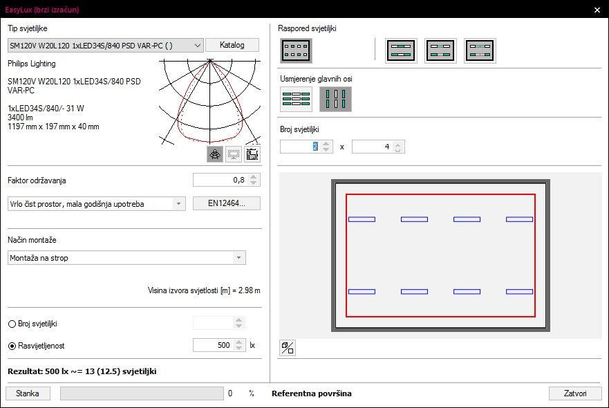Slika 3.4. Asistent razmještanja programa Relux Kako se vidi u proračunima, upotrijebljene svjetiljke u navedenim prostorima udovoljavaju postavljenim zahtjevima.