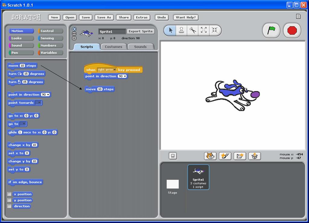 28 POGLAVJE 4. PROGRAMSKA OPREMA ZA 2D ANIMACIJO Slika 4.1: Vmesnik programa Scratch je priporočljiv Claymation Studio ali pa preprostejši MonkeyJam.