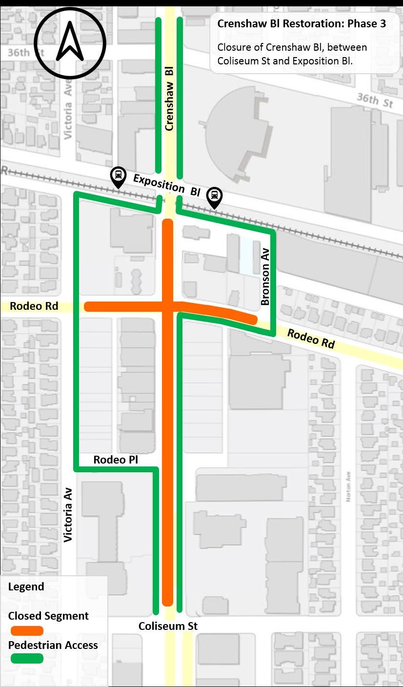 Expo/Crenshaw Bl Station Phase 3: Pedestrian Detours During Phase 3 of Crenshaw Bl Restoration Closures, pedestrian access will be safely routed around construction.