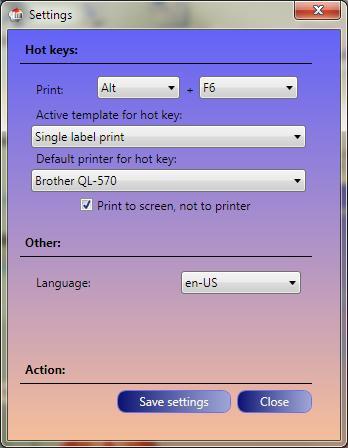 NAREDBE Print: Active template for hot key: Print to screen, not to printer: Language: određivanje kombinacije tipki kojom će se pokrenuti