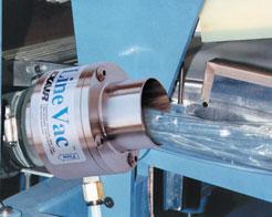 A small amount of compressed air is injected through directed nozzles to produce a vacuum on one end and high output flows on the