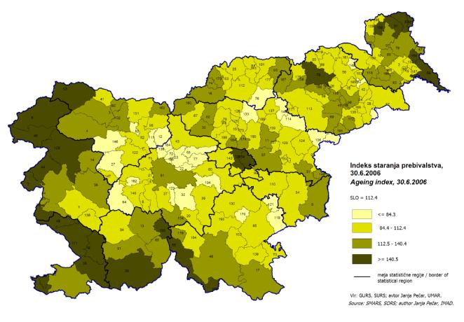 Slika 3: Indeks staranja prebivalstva, 30.6.2006. Vir: J. Pečar, Regije 2006 - Izbrani socio-ekonomski kazalniki po regijah.2006. Priloga: Tabele in karte.