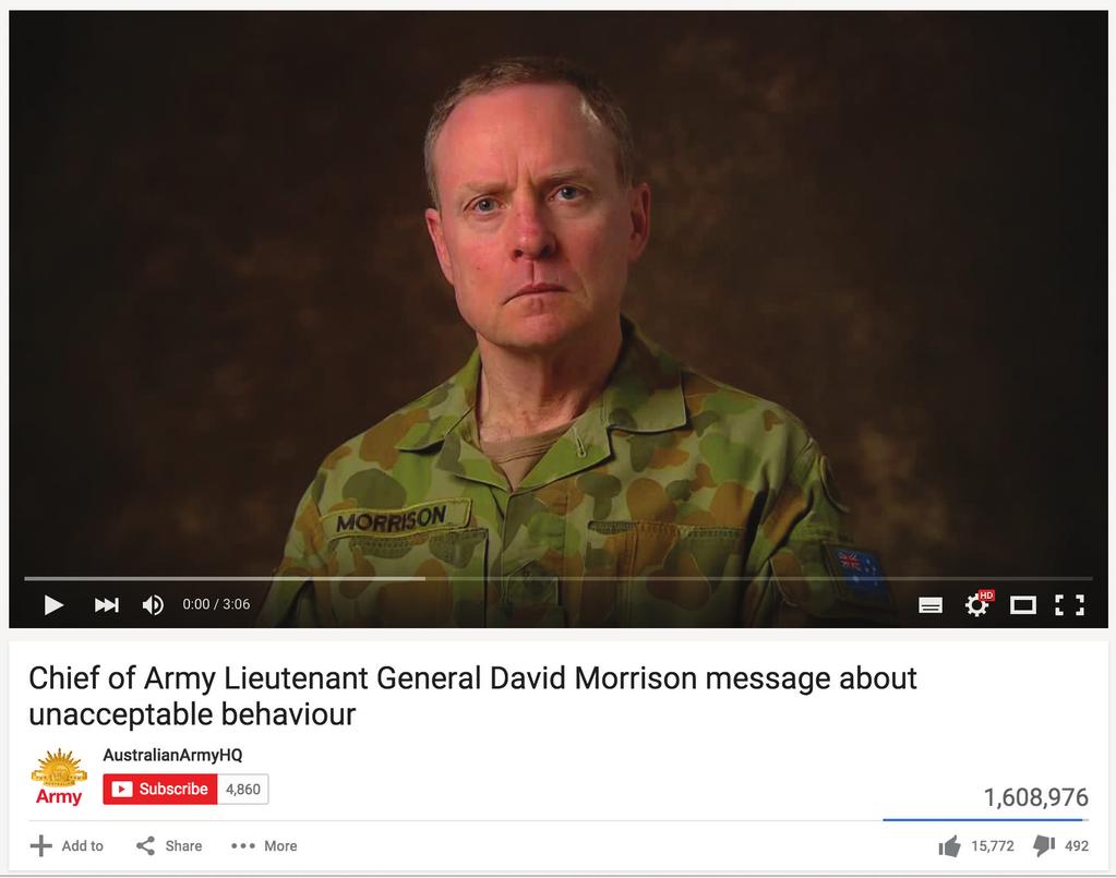Vodstvo za rodnu ravnopravnost 31 PRIMJER 2: OBRAĆANJE PUTEM DRUŠTVENIH MEDIJA U VEZI SA BLUDNOM RADNJOM Zapovjednik Oružanih snaga Australije, general pukovnik David Morrison (koji je sada u