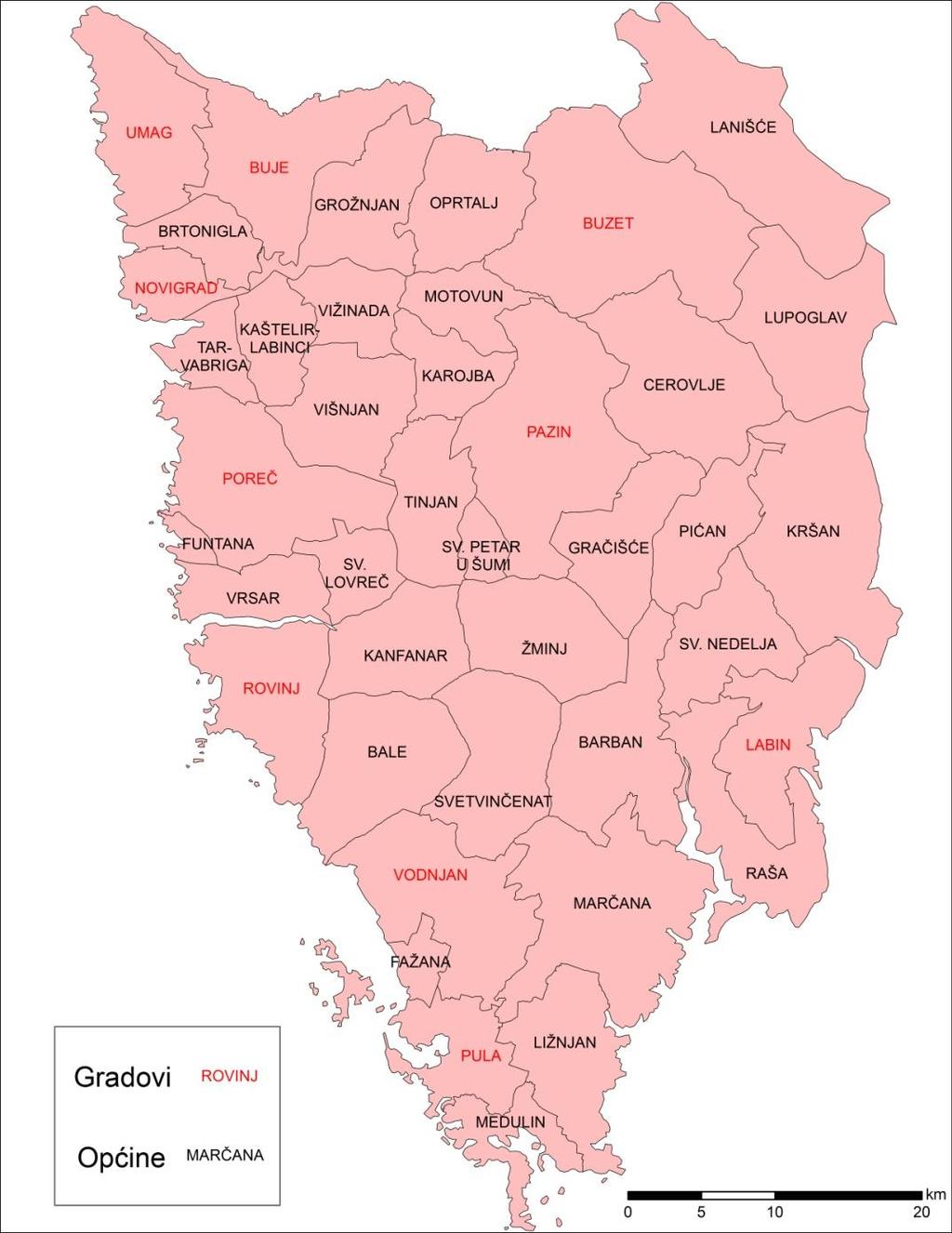 3.3. UPRAVNO - TERITORIJALNI USTROJ Administrativno je Istarska županija podijeljena na 41 teritorijalnu jedinicu lokalne samouprave: 10 gradova i 31 općinu (slika 7) 7.