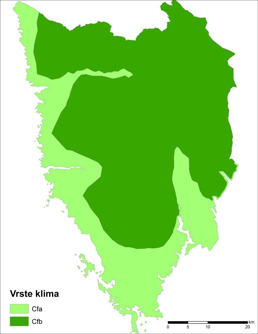 3.4.2. KLIMATSKA OBILJEŽJA Veći dio istarskoga poluotoka ima po Koppenovoj klasifikaciji 9 Cfa klimu umjereno toplo vlažnu klimu s vrućim ljetom (slika 11).