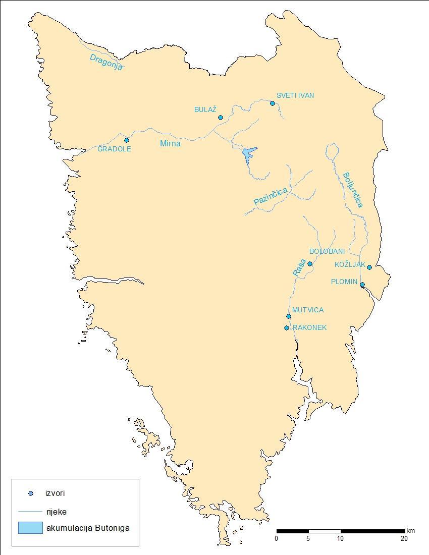 Slika 12: Površinske vode u Istarskoj županiji Najizdašnija vodena vrela na istarskom poluotoku nalaze se u podnožju Ćićarije, na dodiru propusnih vapnenaca i vododržljivih naslaga flišnih naslaga