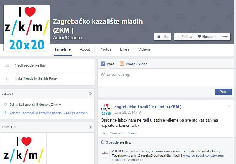 Kada se u Facebook traţilici upiše pojam "Zagrebačko kazalište mladih" doďe se na stranicu kazališta koja se više ne koristi. Da se taj profil ne koristi saznaje se iz objave od lipnja 2014.