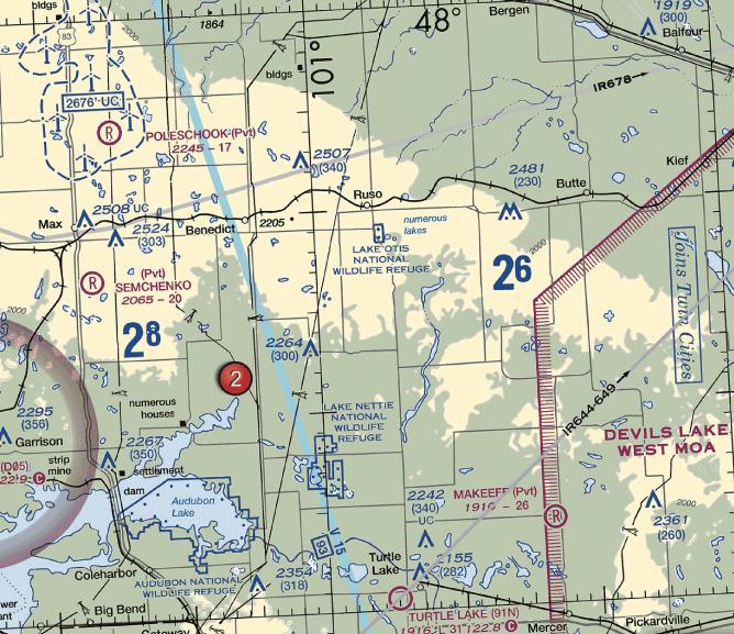 60. You have been hired by a farmer to use your small unmanned aircraft to inspect his crops. The area that you are to survey is in the Devil's Lake west MOA, east of area 2.