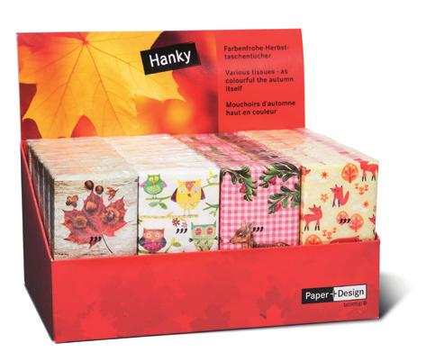 45 x 33 x 35 cm Y05 01994 Hanky-Display mini Sortiertes Display á 24 Packungen Taschentücher 4 Motive á 6 Packungen Hanky display small-sized Assorted display box of 24 packs of hankies 4 designs per