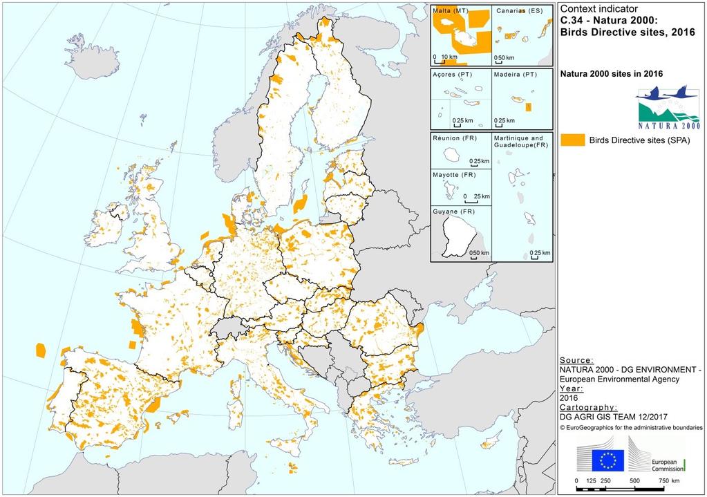 Map 3 - Natura 2000: Birds Directive (SPAs), 2016 Context indicator 34 Natura 2000 areas Data on agricultural and forest areas Comments on methodology and data Despite the lack of data for the