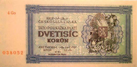 A T E C M E N O V Ý V Ý V O J Československá dvojtisícová poukážka z roku 1945, 2000 K, predná strana. Kolkovaná slovenská 500 koruna, 500 Ks, označená kolkovou známkou s portrétom T. G.